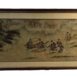 Antique Royal Riders Dynasty Republic Chinese Painting Watercolor On Cork Signed