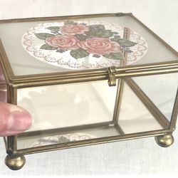 Vintage Brass Glass Mirror Pink Roses Floral Jewelry Trinket Box