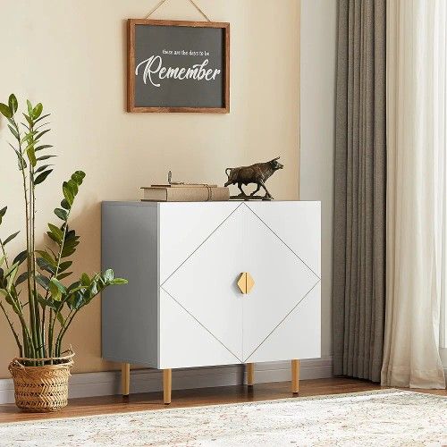 NIB White/Gray Credenza Modern Buffet Cabinet, Bookmatch w 2 Doors 28" Sideboard