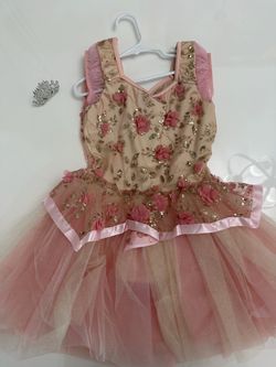 Girls’ Pink & Gold Dance Costume – Floral Tulle Dress