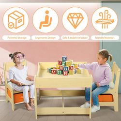3 in 1 Toddler Wood Table & 2 Chairs Set, Activity Table for Toddlers, Natural