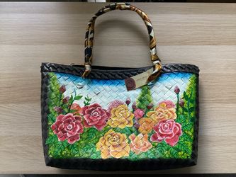Hand-Painted Woven Tote Bag Floral Design