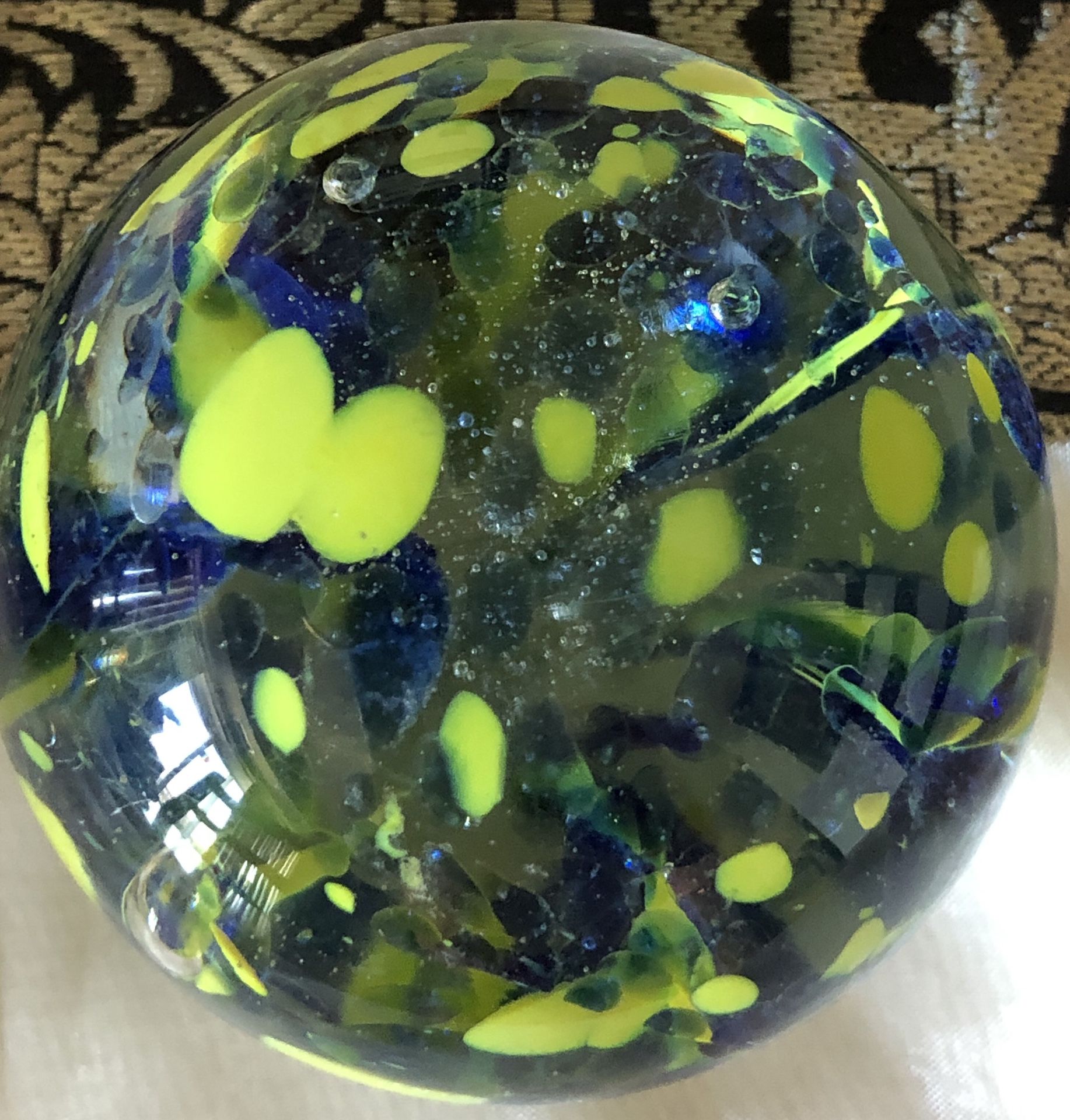 Paperweight Hand Blown Glass Brilliant Blue and Light Green/Yellow - 2.5”