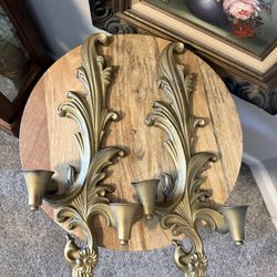 Pair of Vintage Hollywood Regency Wall Sconces / Candlestick Holders / Gallery Wall Decor / Ornate 2 Arm Candle Holder/ Ceramic Painted Gold