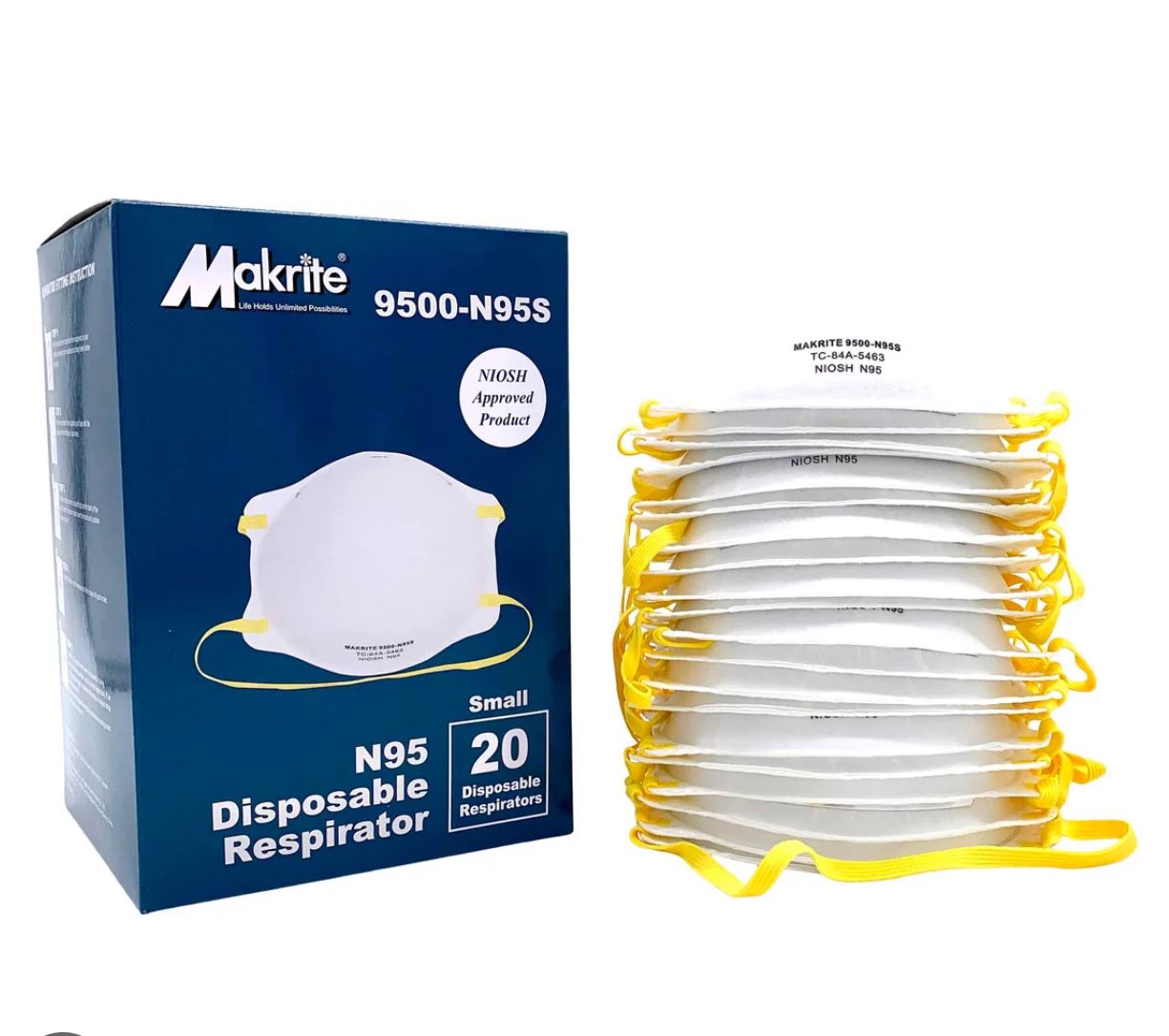 Bulk Facemask. 17000 Count Makrite 9500-N95S Disposable Respirator, Face Mask, Small, 16800pcs