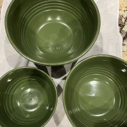 Set of 3  Home Trends Green Soup/ stew Bowls With Raised Rings The sizes are 11,9,7 inch  In excellent condition 