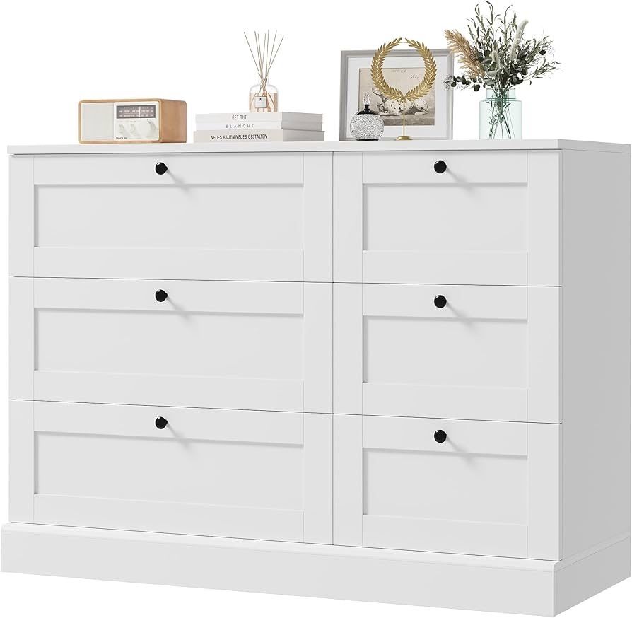 6 Drawer Dresser, White Dresser for Bedroom, Wood Chest of Drawers, Wide Double Dresser, Modern Drawer Chest for Living Room, Entryway, Hallway, White