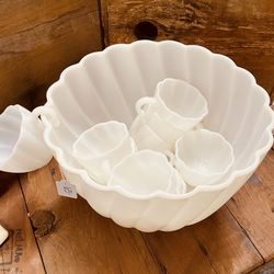 Vintage White Milk Glass Punch Bowl and Cups Holiday Serving Ware