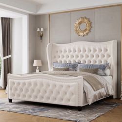 Queen Upholstered Wingback Bed Frame 