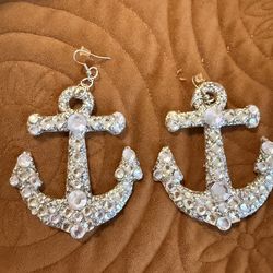 Handmade Sparkling Anchor Rhinestone Statement Earrings