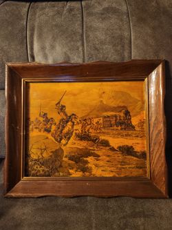 Vintage STAPCO Western Train Attack Lithograph Lloyd Harting Rustic Framed Art
