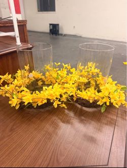 Set of 2 Yellow Floral Glass Hurricane Candle Holders