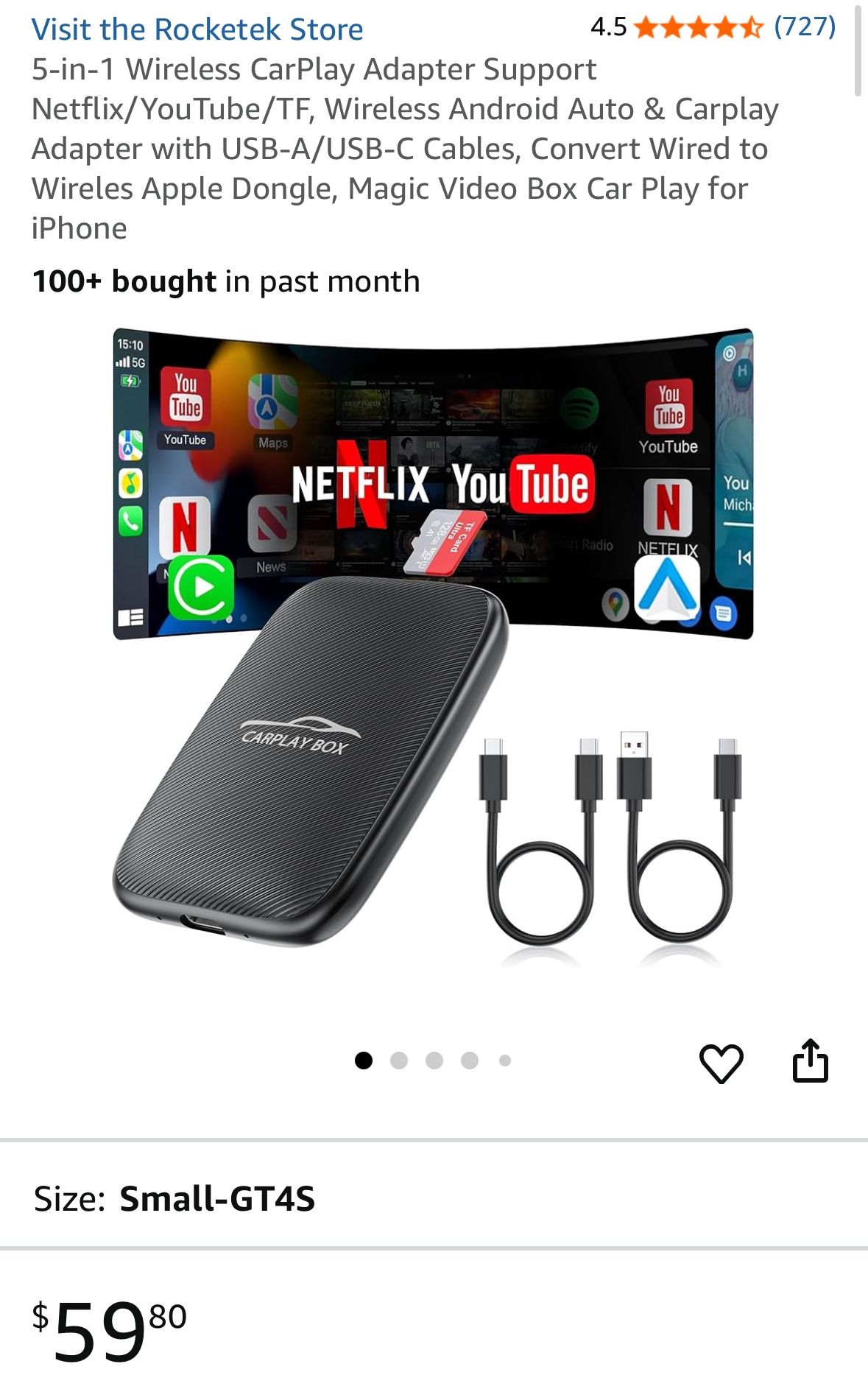 5-in-1 Wireless CarPlay Adapter Support Netflix/YouTube/TF, Wireless Android Auto & Carplay Adapter with USB-A/USB-C Cables, Convert Wired to Wireles