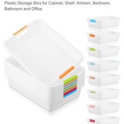 Suzile 14 Pack Large Rainbow Colored Plastic Storage Basket with Handles 15 x 10 x 3 Inch