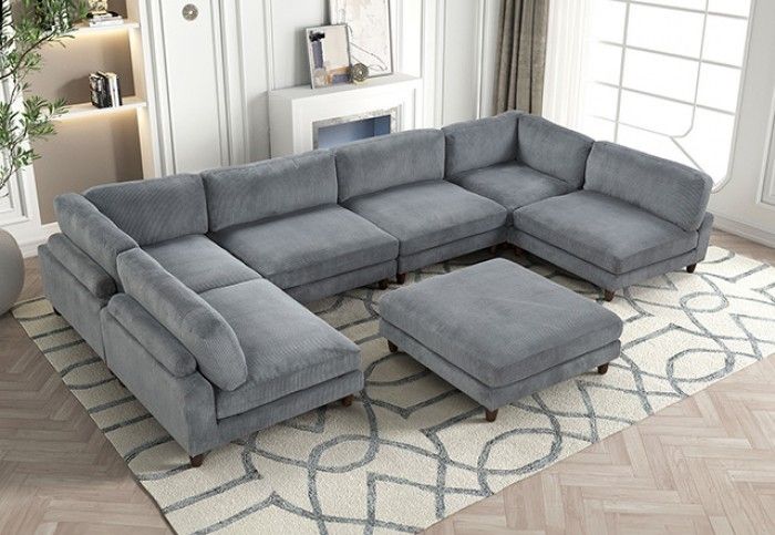 Brand New Gray Corduroy Velvet Modular Sectional Sofa With Ottoman 