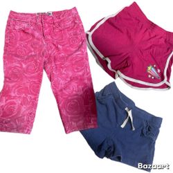 Sz 6 Girls Pink Rose Print Jean Capri Pants By Squeeze & Two Pairs Shorts