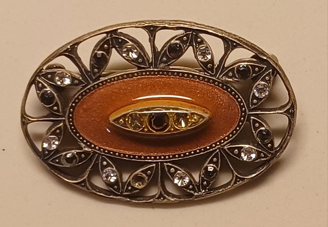 Rare Catherine Popesco Art Deco Style Enamel Rhinestone Oval Brooch.
