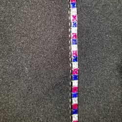 Pretty Vintage Red, White, And Blue Gem Sterling Silver Bracelet