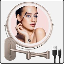 Rechargeable Wall Mounted Lighted Makeup Vanity Mirror 8 Inch 1X/10X Magnifying Mirror with 3 Color Lights, Double Sided Bathroom Mirror with Dimmable