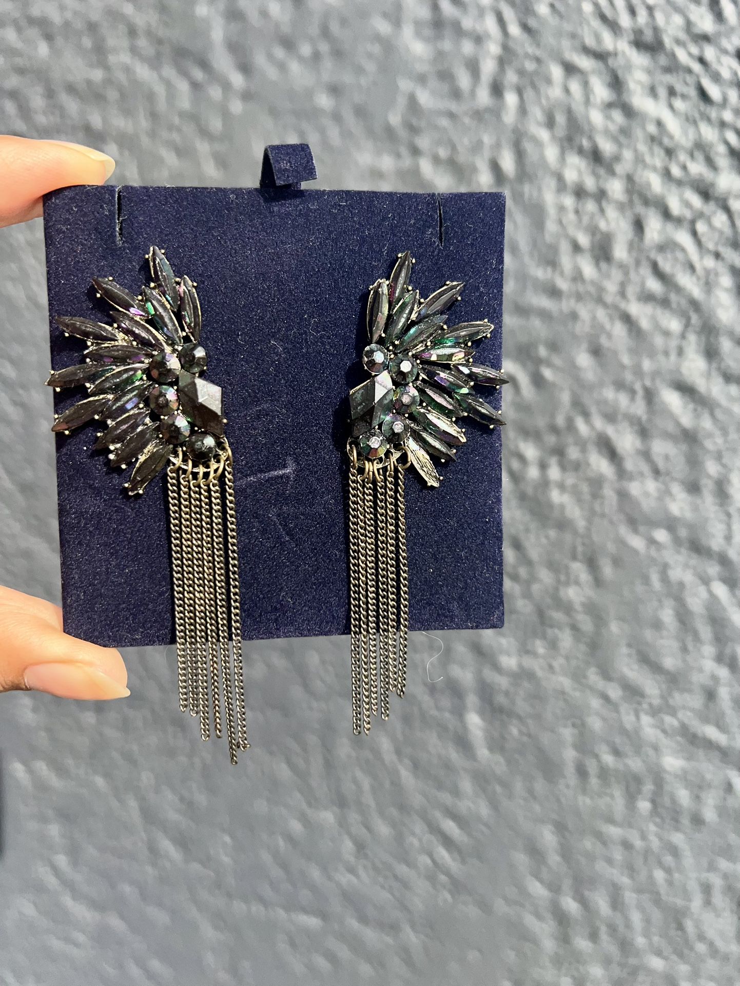 Iridescent Black Statement Earrings with Chain Fringe