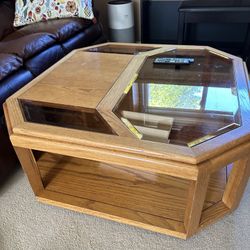 Vintage Octagon Glass Display Coffee Table with Storage – Solid Wood