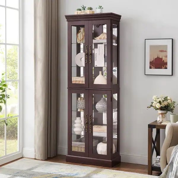 NEW. Lighted Glass Curio Display Cabinet,Display Cabinet,Glass Storage Cabinet Glass Wine cabinet Wood Frame Toy Display