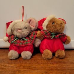 Santa Hat Wearing Bear And Mouse Plush 