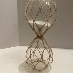 Bo Ho clear glass 30 minute timer sand hourglass with jute rope design. Large 10 x 5 inch. Cottage.