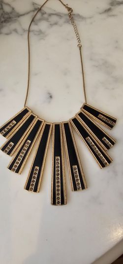 Paparazzi Fantastically Deco Black Gold Tone Rhinestone Fringe Bib Necklace 16"