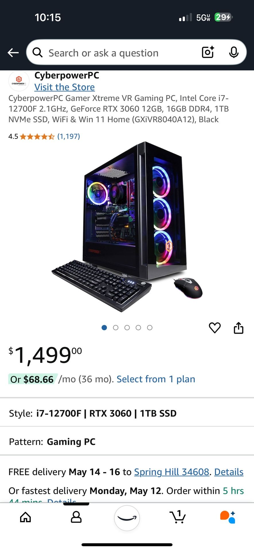 CyberpowerPC Gamer Xtreme VR Gaming PC, Intel Core i7-12700F 2.1GHz, GeForce RTX 3060 12GB, 16GB DDR4, 1TB NVMe SSD, WiFi & Win 11 Home (GXiVR8040A12)