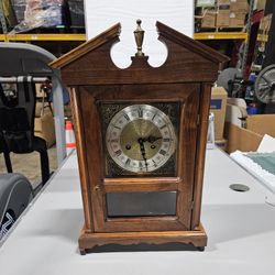 Vintage Western Germany Wood & Brass Mantle Clock With Striking Key/Pendulum...