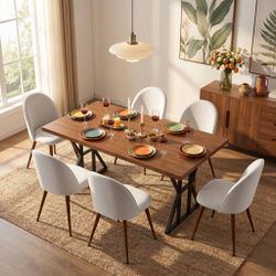 Homy Casa Leonard + Haven 7PC Dining Set with Walnut Finish Table & 6 Beige Fabric Chairs