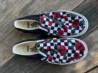 Custom Rose  BLK WHT Checkered Vans 8.5