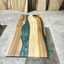 Handcrafted Live Edge Coffee Table - Poplar Wood W/ Sea Green Epoxy