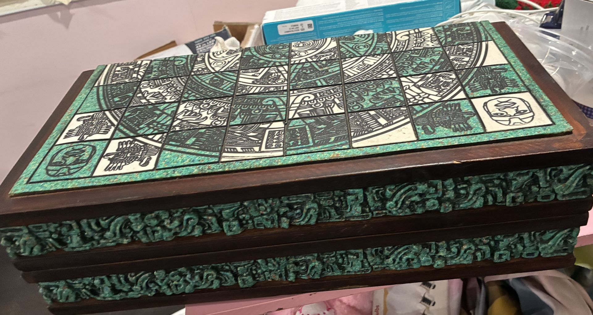 Beautiful Aztec Style Chess Set In Wooden Box