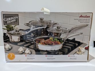 Gibson Home Anston 7 Piece Stainless Steel Cookware Set Glass Lids Dishwasher Safe