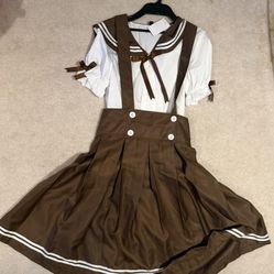 Brown Kawaii Sailor Suspenders Overalls Skirt Outfit