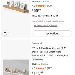 Assorted floating shelves 24", 30", 36", 48", & 56", box has 1-6 pieces, price varies from $25 -$80 per box
