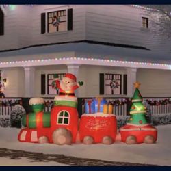 NEW JUMBO 10 FOOT Wide LED North Pole Express Train Holiday Inflatable With Santa That Has Soft Beard, Presents, & Tree‼️NEW UNOPENED BOX📦‼️