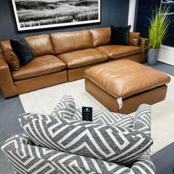 Emilia Caramel Leather 3pc Sectional Couch 