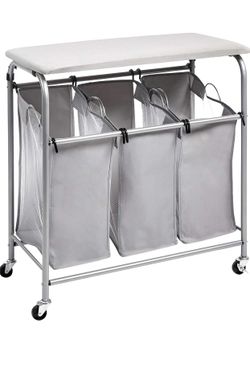 3-Bag Rectangular Laundry Sorter with Ironing Board Top Grey