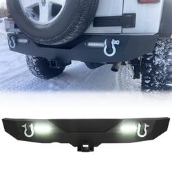 Rear Bumper Compatible with 2018 2019 2020 2021 2022 2023 2024 Jeep Wrangler JL JLU Unlimited Off-Road Bumper with 2 x 18W LED Lights, 2" Standard Hit
