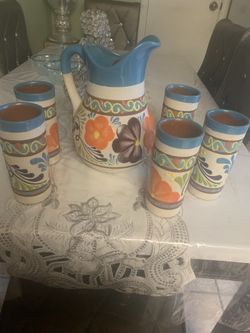 Mexican Jar  with five glasses