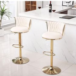 LUCKHAO Velvet Swivel Bar Stools Set of 2,Modern 24 inch Adjustable Counter Height Bar Stool with Woven Back& Footrest,Upholstered Gold Bar Chairs