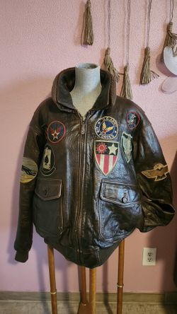 Vintage Brown Leather Bomber Jacket with Patches