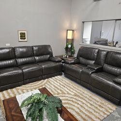 Reclining Sofa Set – Power + Manual | Deep Charcoal-Green  Leather
