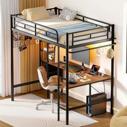 Twin Metal Loft Bed with L-Shaped Desk, Loft Bed Frame with Charging Station, Storage Bed with 2 Drawers & Open Shelf, Safety Guard & Ladder