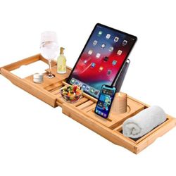 Bamboo Bath Caddy Tray | 100% Natural Bamboo Wooden Bathtub Tray with Book & Tablet Stand | Luxury Wine Glass Candle Holder | Natural Wood | Extendabl