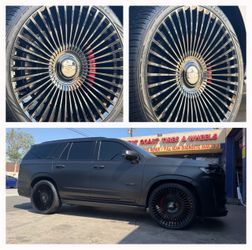 26'' Gloss Black Wheels Tires Yukon Silverado Tahoe Sierra Wagoneer Escalade