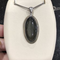 Pendant necklace sterling silver 925, Alpaca, gray Cat eye 1.5”oval Stone,20”Chain